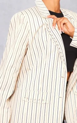 Cream Pinstripe Eyelet Detail Oversized Blazer