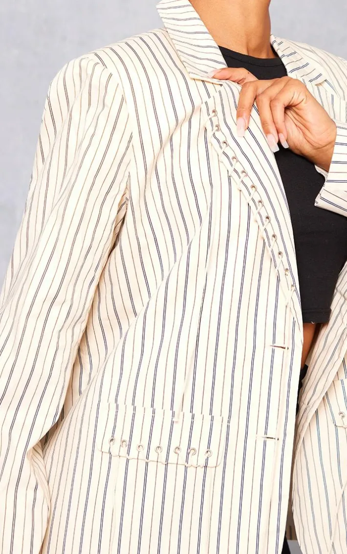 Cream Pinstripe Eyelet Detail Oversized Blazer