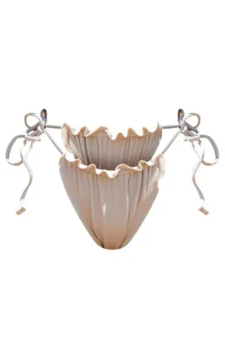 Cream Piquet Ruffle Hem Tie Side Bikini Bottoms