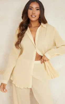 Clearance PrettyLittleThing Plisse Button Front Oversized Shirt Cream