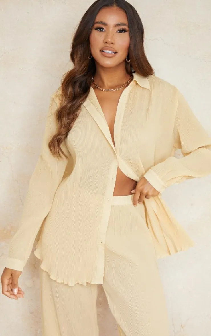 Clearance PrettyLittleThing Plisse Button Front Oversized Shirt Cream