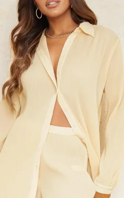 Clearance PrettyLittleThing Plisse Button Front Oversized Shirt Cream