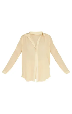 Clearance PrettyLittleThing Plisse Button Front Oversized Shirt Cream