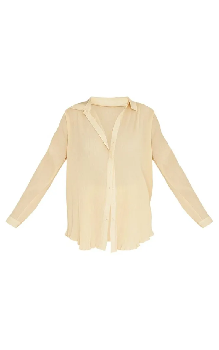 Clearance PrettyLittleThing Plisse Button Front Oversized Shirt Cream