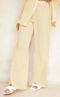 Discount PrettyLittleThing Plisse High Waisted Wide Leg Pants Cream