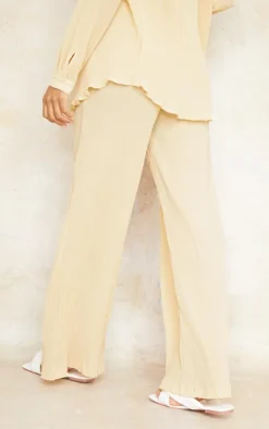 Discount PrettyLittleThing Plisse High Waisted Wide Leg Pants Cream