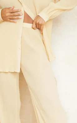 Discount PrettyLittleThing Plisse High Waisted Wide Leg Pants Cream