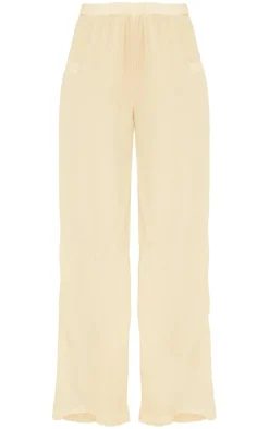 Discount PrettyLittleThing Plisse High Waisted Wide Leg Pants Cream