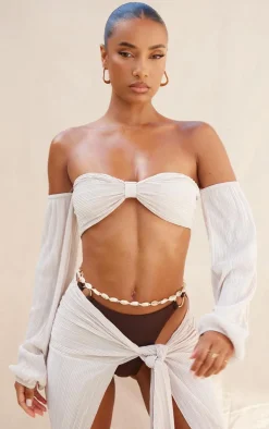 Cream Plisse Long Sleeve Bardot Crop Beach Top