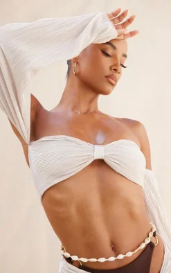 Cream Plisse Long Sleeve Bardot Crop Beach Top