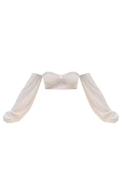 Cream Plisse Long Sleeve Bardot Crop Beach Top