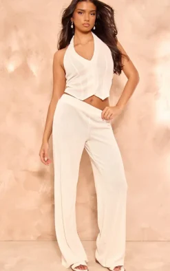 Online PrettyLittleThing Plisse Mid Rise Wide Leg Pants Cream