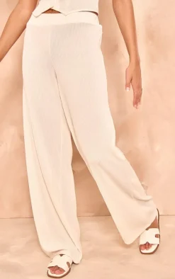 Online PrettyLittleThing Plisse Mid Rise Wide Leg Pants Cream
