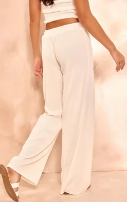 Online PrettyLittleThing Plisse Mid Rise Wide Leg Pants Cream