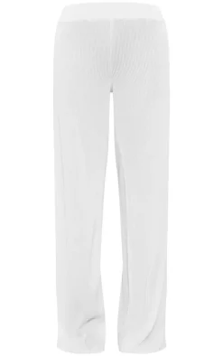 Online PrettyLittleThing Plisse Mid Rise Wide Leg Pants Cream