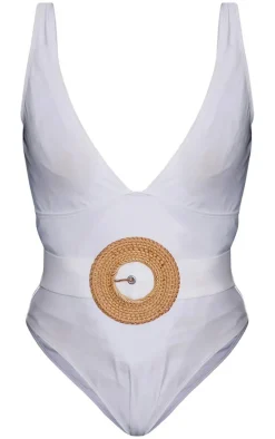 Cream Plunge Rattan Belted High Leg Swimsuit