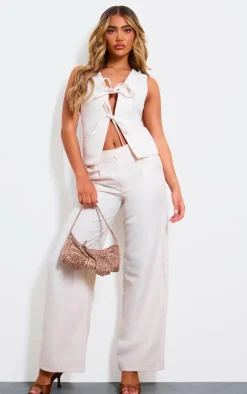 Outlet PrettyLittleThing Premium Textured Tailored Wide Leg Pants Cream