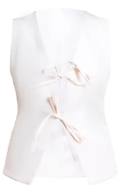 PrettyLittleThing Premium Textured Tailored Tie Front Vest Cream