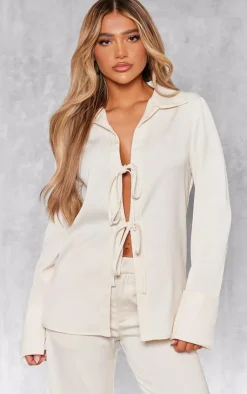 PrettyLittleThing Premium Tie Front Long Sleeve Shirt Cream