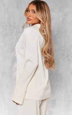 PrettyLittleThing Premium Tie Front Long Sleeve Shirt Cream
