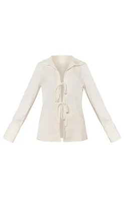 PrettyLittleThing Premium Tie Front Long Sleeve Shirt Cream