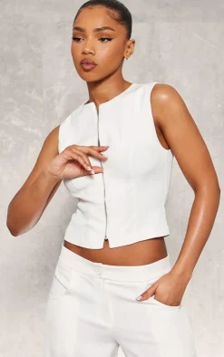 Outlet PrettyLittleThing Premium Woven Zip Up Detail Sleeveless Top Cream