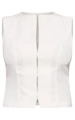 Outlet PrettyLittleThing Premium Woven Zip Up Detail Sleeveless Top Cream