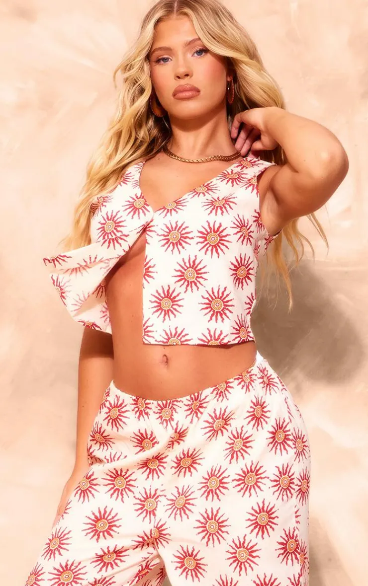 Best PrettyLittleThing Printed Linen Look Button Front Vest Cream