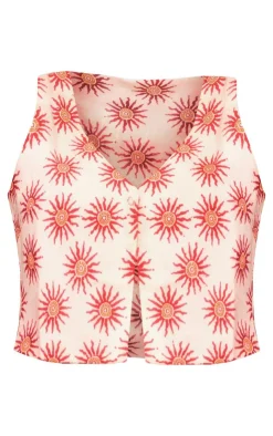 Best PrettyLittleThing Printed Linen Look Button Front Vest Cream