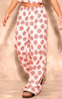 Hot PrettyLittleThing Printed Linen Look Wide Leg Pants Cream