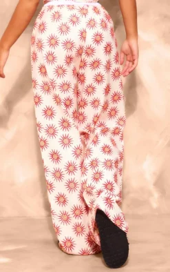Hot PrettyLittleThing Printed Linen Look Wide Leg Pants Cream