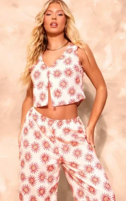 Hot PrettyLittleThing Printed Linen Look Wide Leg Pants Cream