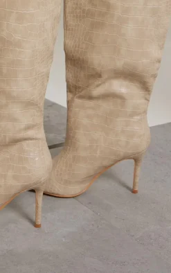 PrettyLittleThing Heeled Boots*PU Croc Detail Point Toe Stiletto Heeled Knee Boots