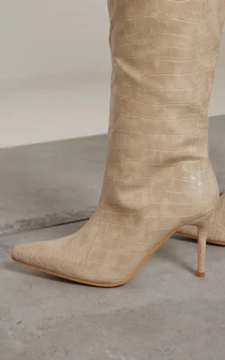 PrettyLittleThing Heeled Boots*PU Croc Detail Point Toe Stiletto Heeled Knee Boots