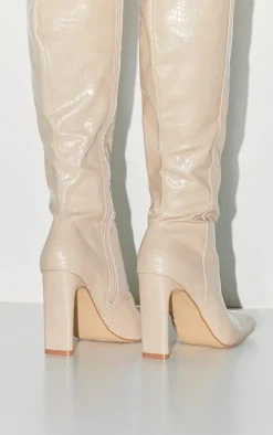 PrettyLittleThing High Heels*PU Croc Square Toe High Heeled Knee Boots