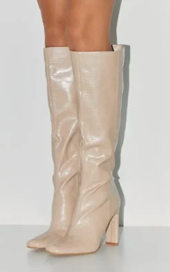 PrettyLittleThing High Heels*PU Croc Square Toe High Heeled Knee Boots