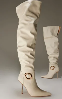 PrettyLittleThing Over The Knee Boots*PU Gold Buckle Point Toe High Stiletto Over The Knee Boots
