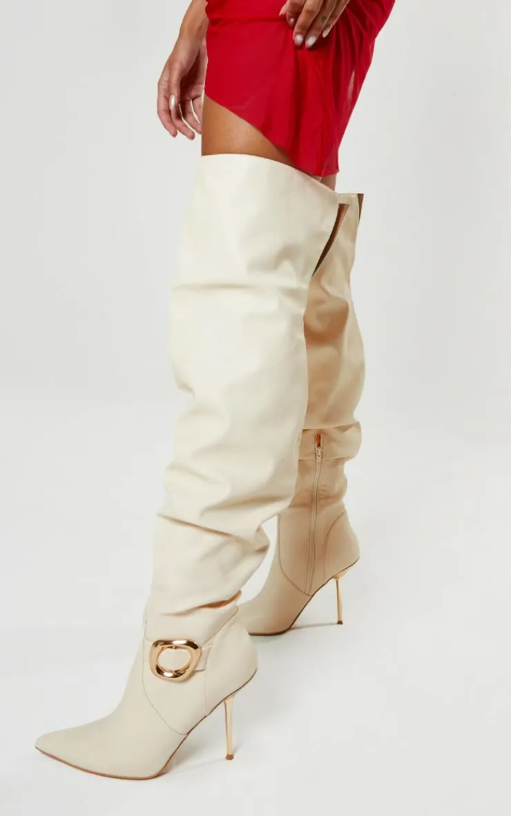 PrettyLittleThing Over The Knee Boots*PU Gold Buckle Point Toe High Stiletto Over The Knee Boots