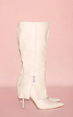 PrettyLittleThing Knee High Boots*PU Point Toe Fold Over Zip Detail High Stiletto Heeled Boots