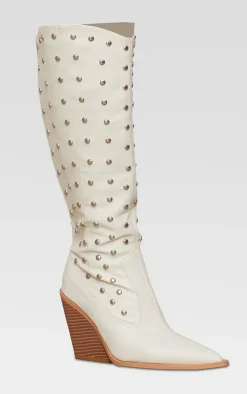 PrettyLittleThing Block Heels*PU Point Toe Silver Stud Knee High Block Heel Western Boots