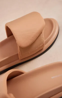 PrettyLittleThing Slides*PU Round Toe Velcro Strap Flat Slider Sandals