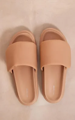 PrettyLittleThing Slides*PU Round Toe Velcro Strap Flat Slider Sandals