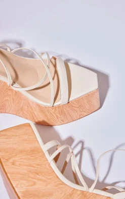 PrettyLittleThing Statement Heels*Cream PU Square Toe Strappy Lace Up Heeled Wedges