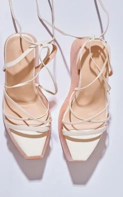 PrettyLittleThing Statement Heels*Cream PU Square Toe Strappy Lace Up Heeled Wedges