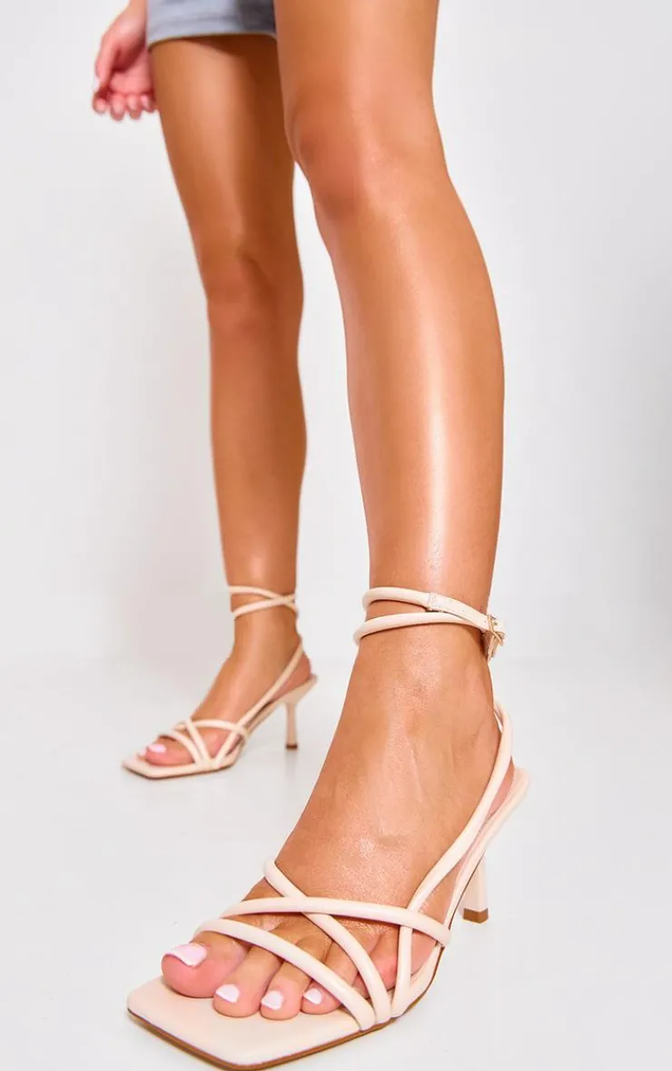 PrettyLittleThing Mid Heels*PU Square Toe Tube Strappy Mid Stiletto Heeled Sandals