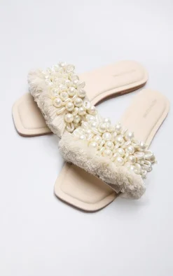 PrettyLittleThing Slides*Raffia Beaded Tassel Fringed Flat Mule Sandals