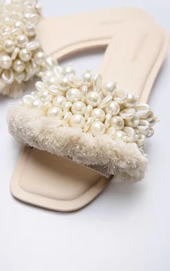 PrettyLittleThing Slides*Raffia Beaded Tassel Fringed Flat Mule Sandals