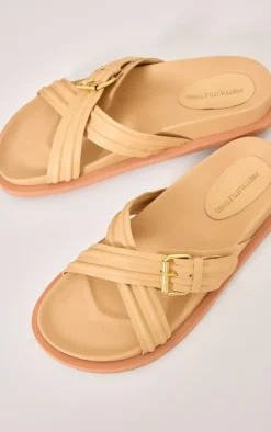 PrettyLittleThing Flat Sandals*Real Leather Round Toe Cross Over Buckle Detail Strap Footbed Sandals