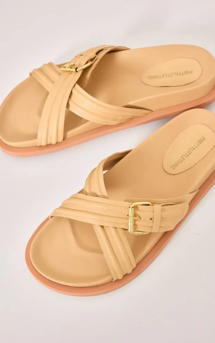PrettyLittleThing Flat Sandals*Real Leather Round Toe Cross Over Buckle Detail Strap Footbed Sandals