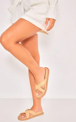 PrettyLittleThing Flat Sandals*Real Leather Round Toe Cross Over Buckle Detail Strap Footbed Sandals